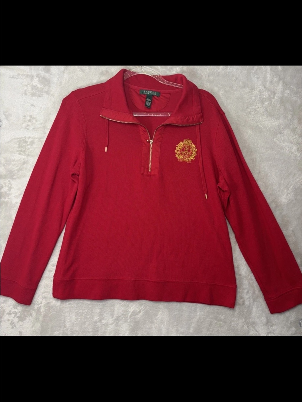 Lauren Ralph Lauren Womens L Quarter Zip Crest Pullover Red Gold Cotton Top